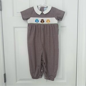 NWT Southern Sunshine Owls Smocked Longall Romper Fall Brown Checked Boys 24 Mth